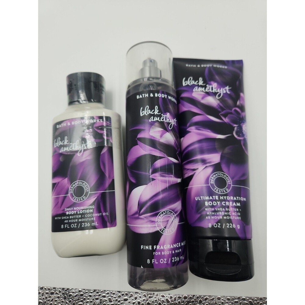 3 New Bath & Body Works Black Amethyst Cream Splash Spray Mist And Lotion Lot